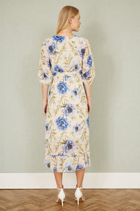Yumi Cream Vintage Floral Wrap Midi Dress With Frill