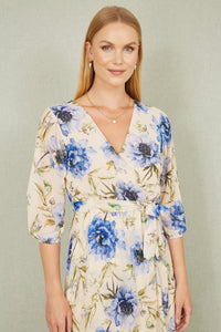 Yumi Cream Vintage Floral Wrap Midi Dress With Frill