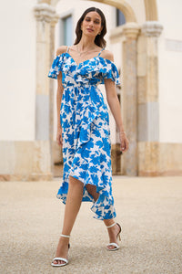 Yumi Blue Floral Print Bardot Midi Dress With Dip Hem