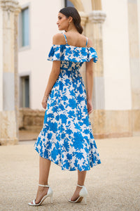 Yumi Blue Floral Print Bardot Midi Dress With Dip Hem