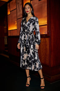 Yumi Black Floral Satin Pleated Midi Dress