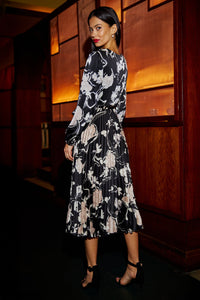 Yumi Black Floral Satin Pleated Midi Dress