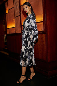 Yumi Black Floral Satin Pleated Midi Dress