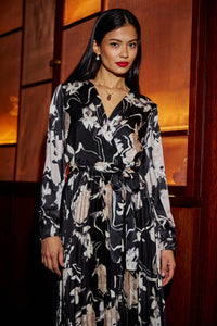 Yumi Black Floral Satin Pleated Midi Dress