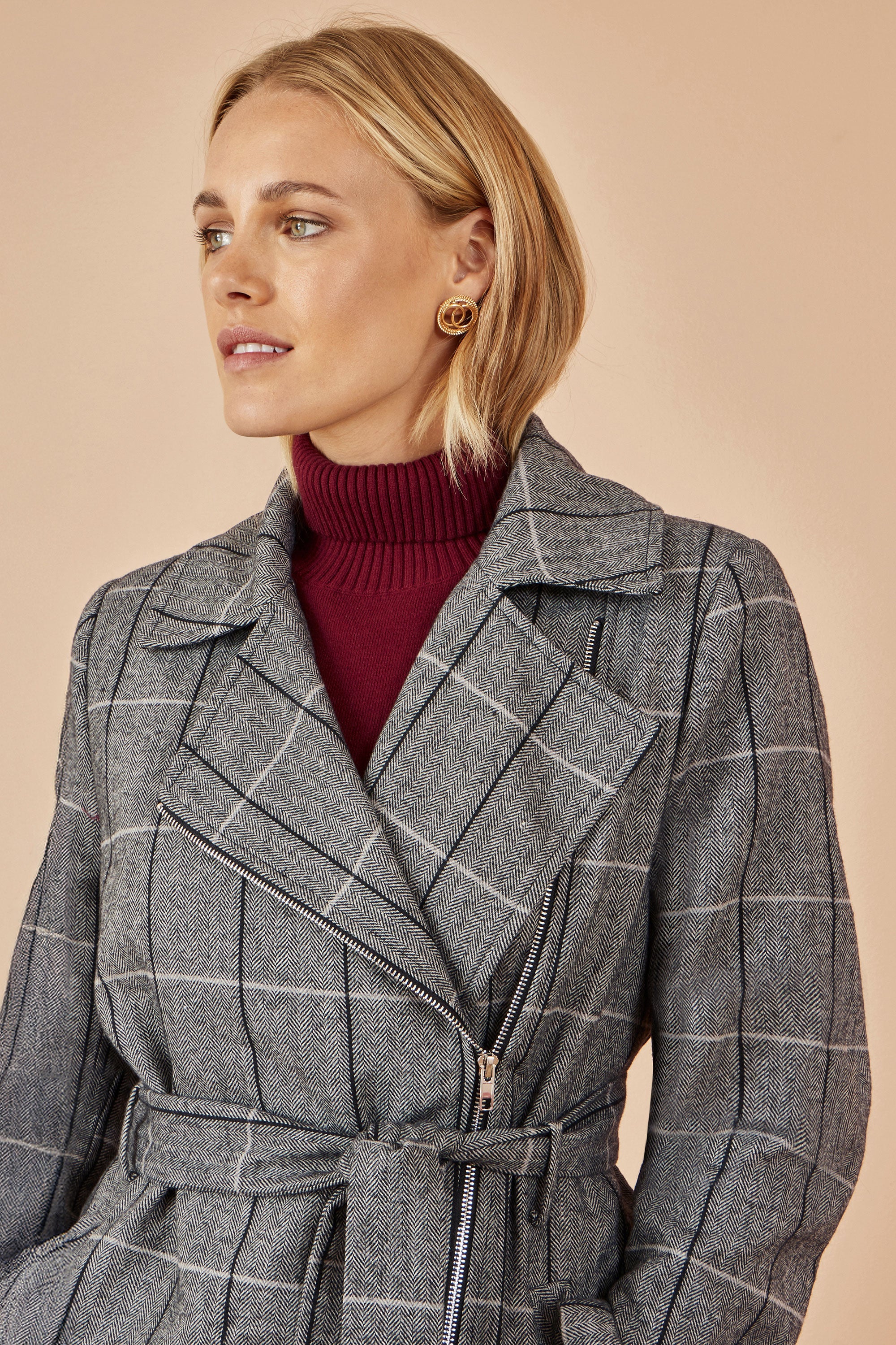 Yumi Grey Check Oversize Long Biker Coat