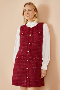 Yumi Burgundy Boucle Tunic Dress with Pockets and Button Accents