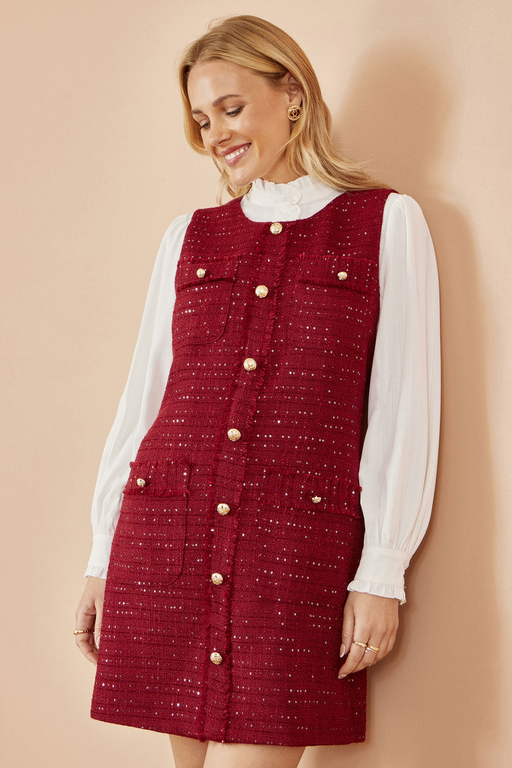 Yumi Burgundy Boucle Tunic Dress with Pockets and Button Accents