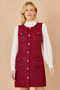 Yumi Burgundy Boucle Tunic Dress with Pockets and Button Accents