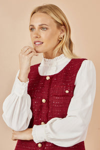 Yumi Burgundy Boucle Tunic Dress with Pockets and Button Accents