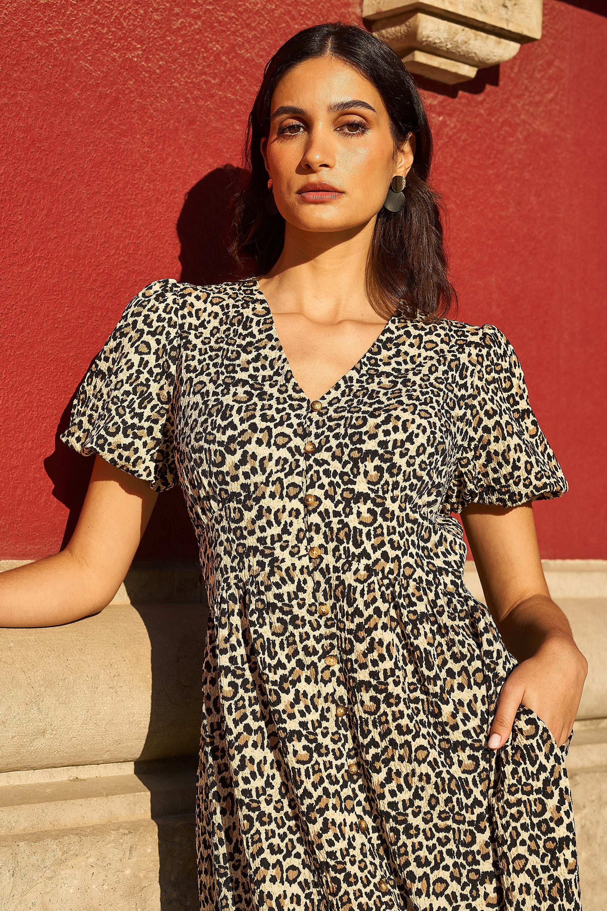 Yumi Brown Leopard Print Pleated Button Through Midi Dress