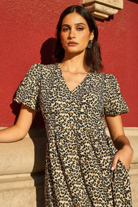 Yumi Brown Leopard Print Pleated Midi Dress with Button Detail