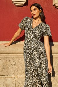 Yumi Brown Leopard Print Pleated Midi Dress with Button Detail