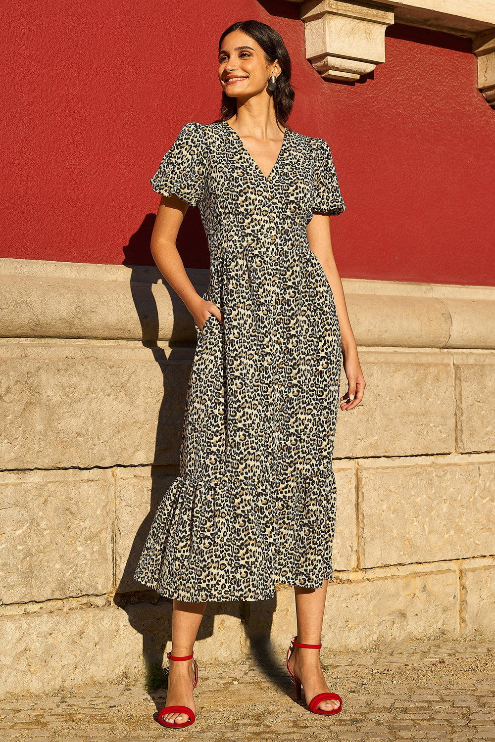 Yumi Brown Leopard Print Pleated Midi Dress with Button Detail