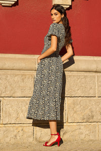 Yumi Brown Leopard Print Pleated Midi Dress with Button Detail