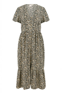 Yumi Brown Leopard Print Pleated Midi Dress with Button Detail