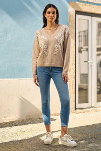 Yumi Oatmeal Floral Embroidered V Neck Relaxed Knitted Jumper