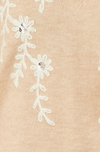 Yumi Oatmeal Floral Embroidered V Neck Relaxed Knitted Jumper