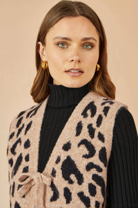 Yumi Beige Animal Print Intarsia Tie Front Waistcoat