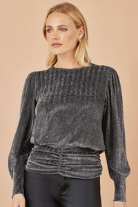Yumi Black Metallic Stretch Ruched Hem Top