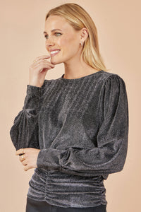 Yumi Black Metallic Stretch Ruched Hem Top