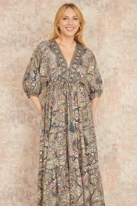 Yumi Multicolour Paisley Print Midi Kimono Dress With Tie Back