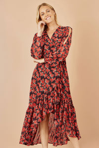 Yumi Dipped Hemline Midi Dress with Red Rose Print and Open Long Sleeves