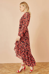 Yumi Dipped Hemline Midi Dress with Red Rose Print and Open Long Sleeves