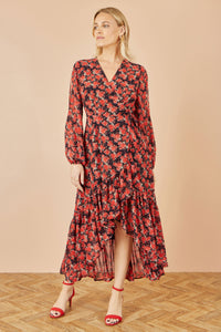 Yumi Dipped Hemline Midi Dress with Red Rose Print and Open Long Sleeves