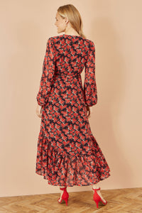 Yumi Dipped Hemline Midi Dress with Red Rose Print and Open Long Sleeves