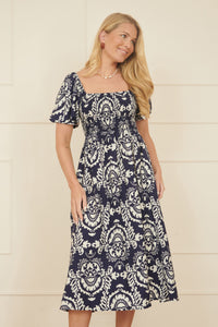 Yumi Navy Aztec Print Ruched Midi Dress