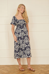 Yumi Navy Aztec Print Ruched Midi Dress