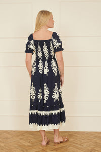 Yumi Navy Block Print Viscose Ruched Midi Dress