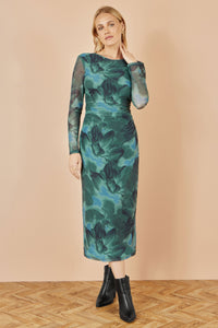 Yumi Green Floral Mesh Bodycon Dress With Tie Back