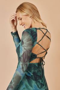 Yumi Green Floral Mesh Bodycon Dress With Tie Back