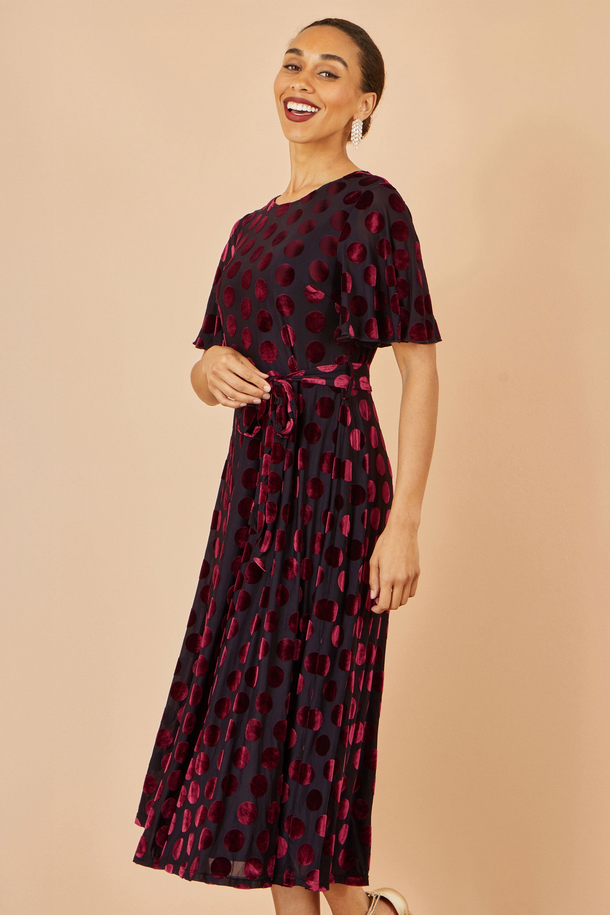 Yumi Burgundy Velour Spot Midi Skater Dress