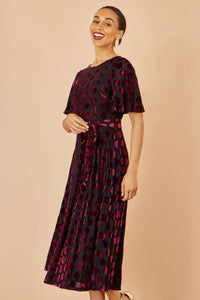 Yumi Burgundy Velour Spot Midi Skater Dress with Kimono Sleeves