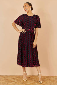 Yumi Burgundy Velour Spot Midi Skater Dress with Kimono Sleeves