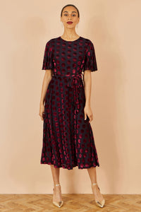 Yumi Burgundy Velour Spot Midi Skater Dress with Kimono Sleeves