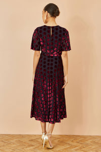 Yumi Burgundy Velour Spot Midi Skater Dress with Kimono Sleeves