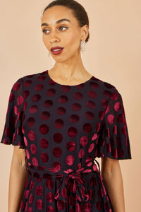 Yumi Burgundy Velour Spot Midi Skater Dress with Kimono Sleeves
