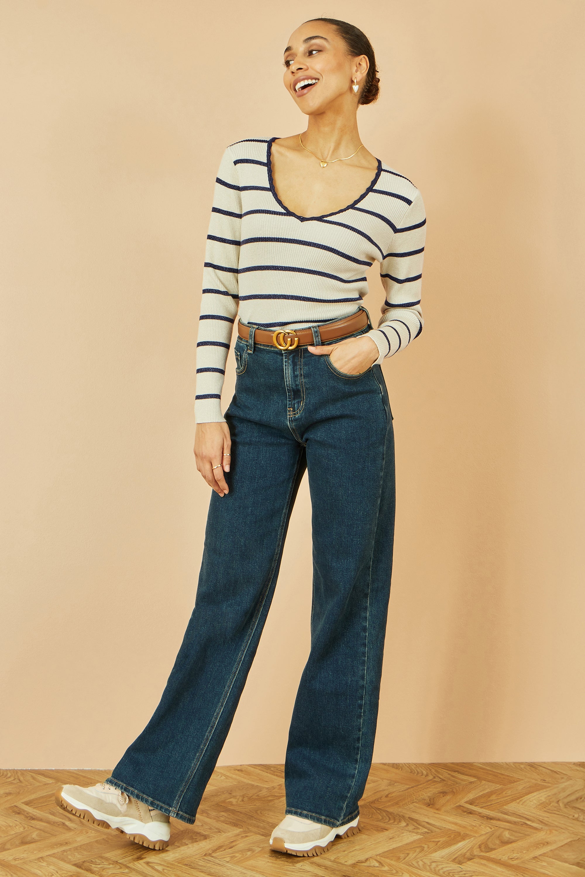 Yumi White Metallic Stripe Knitted Ribbed Top