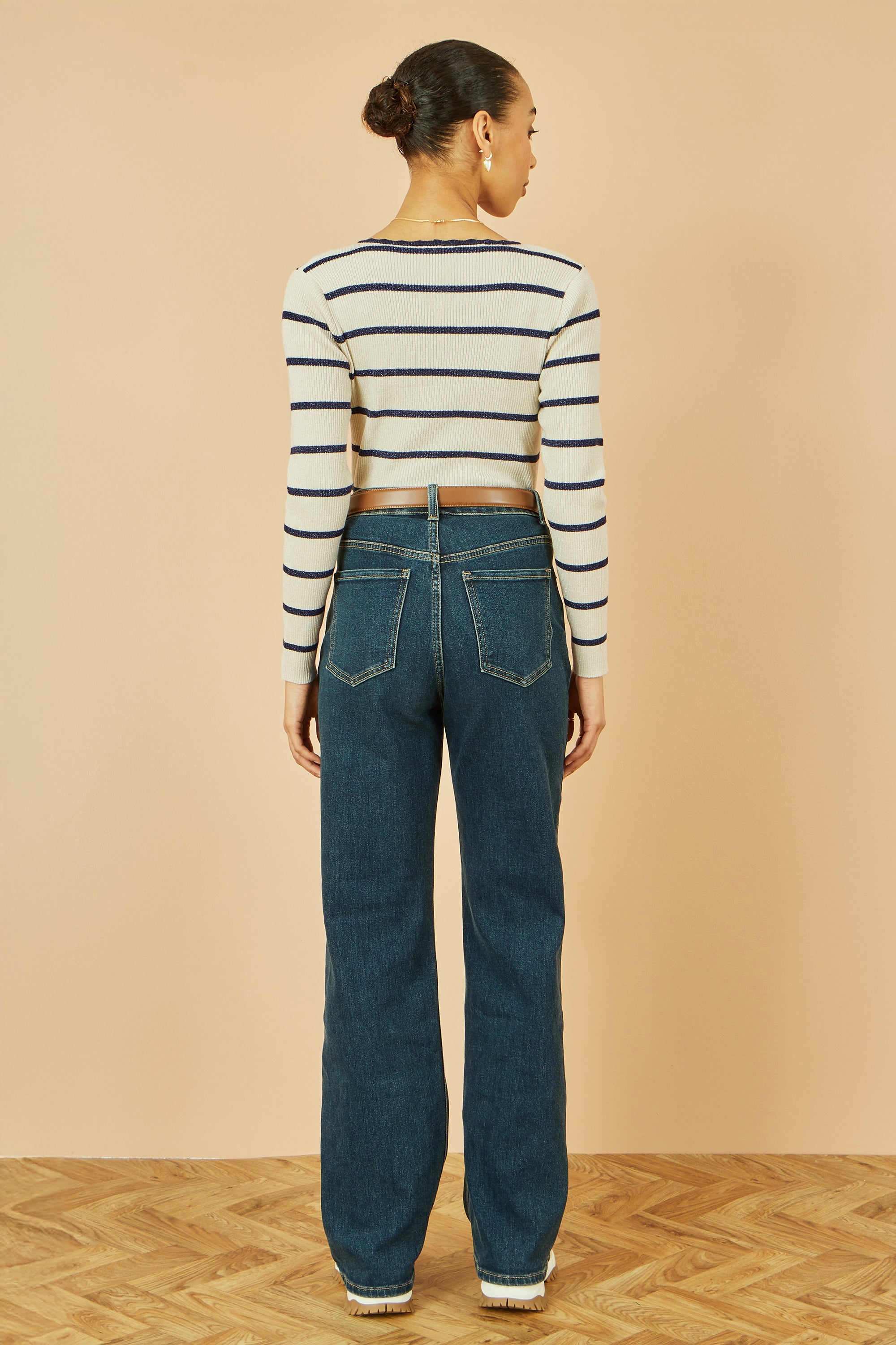 Yumi White Metallic Stripe Knitted Ribbed Top