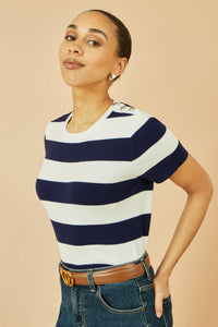 Yumi Navy Block Stripe Knitted Top With Button Details