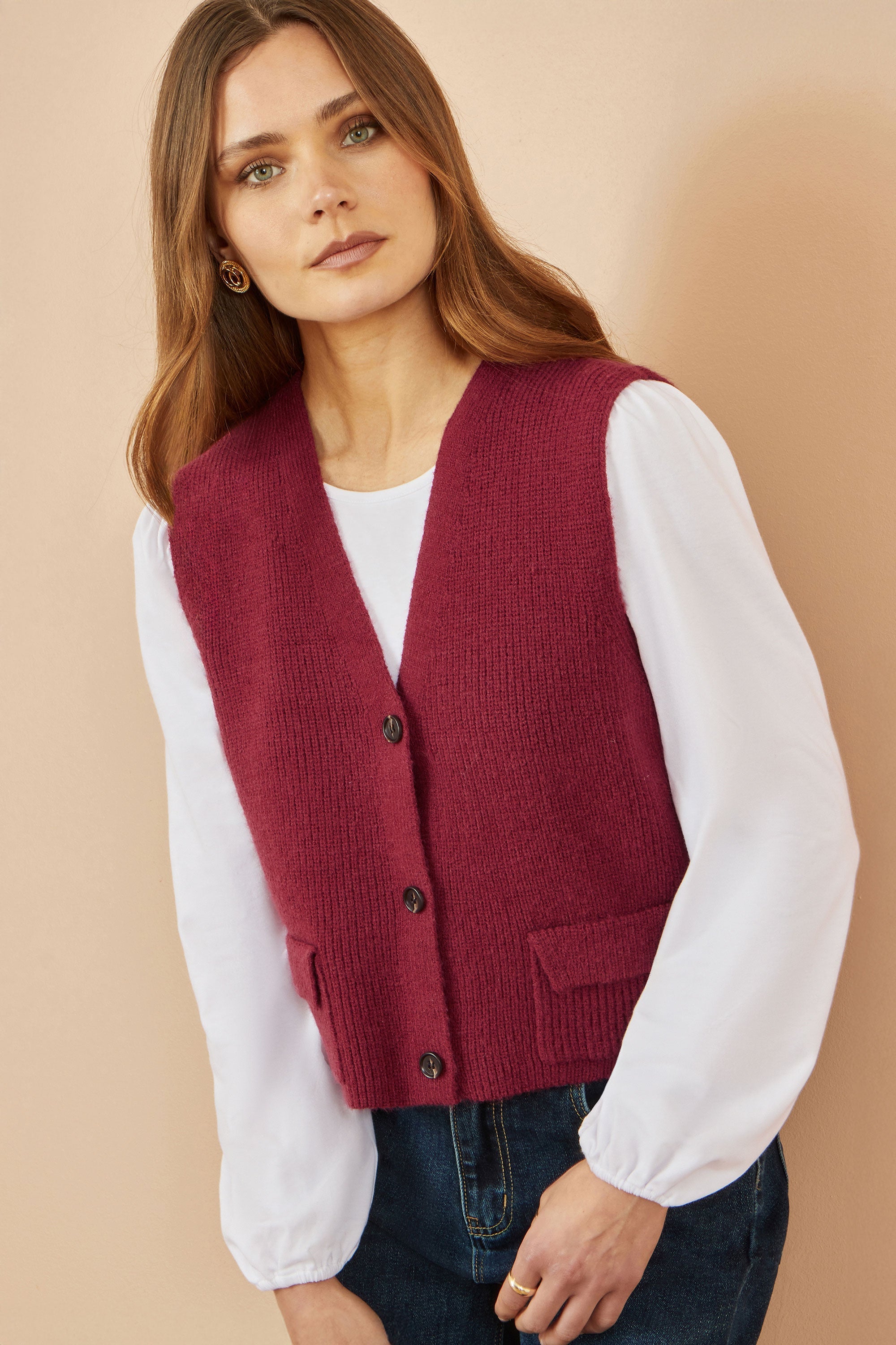 Yumi Burgundy Knitted Pullover Waistcoat