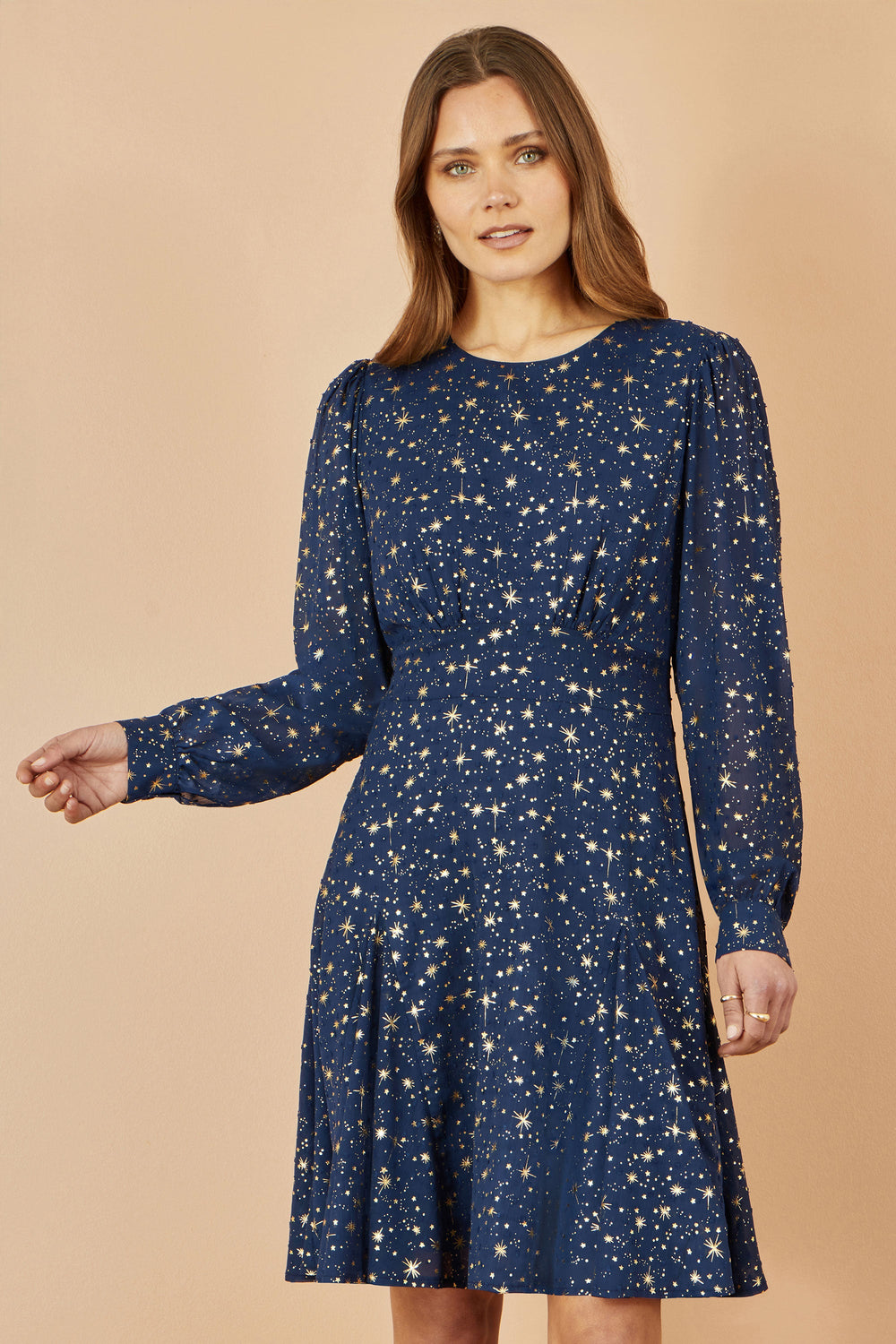 Yumi Navy Star Print Foil Long Sleeve Dress