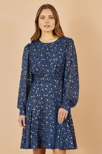 Yumi Navy Star Print Foil Long Sleeve Dress