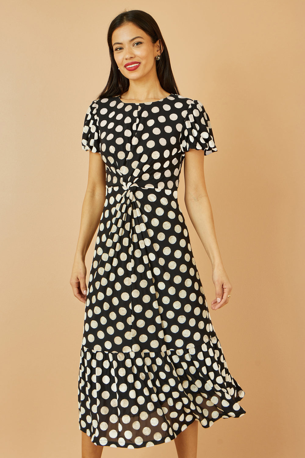 Yumi Black Velvet Spot Print Twist Knot Waist Midi Dress