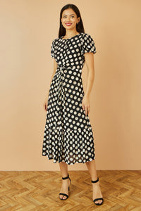 Yumi Black Velvet Spot Print Twist Knot Waist Midi Dress