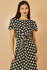 Yumi Black Velvet Spot Print Twist Knot Waist Midi Dress