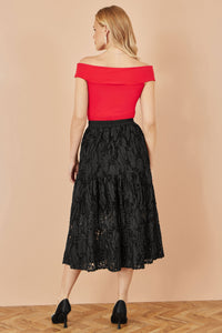 Yumi Black Mesh Applique Sequin Midi Skirt